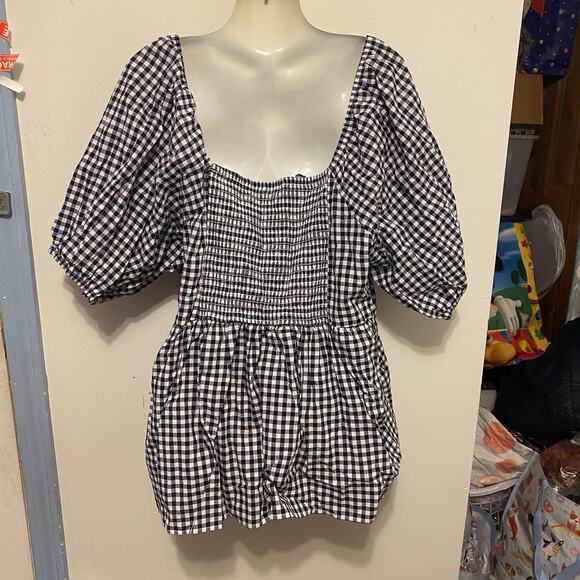 Women Plus Sz 2X Blouse Tiered Babydoll Puff Sleeve Top Cotton Gingham Bohemian - Picture 7 of 9